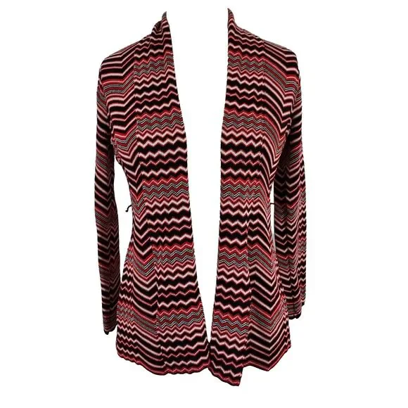 Anne Klein Chevron Cardigan Sweater size Small Open Front Tie Belt Red Black - Picture 2 of 11